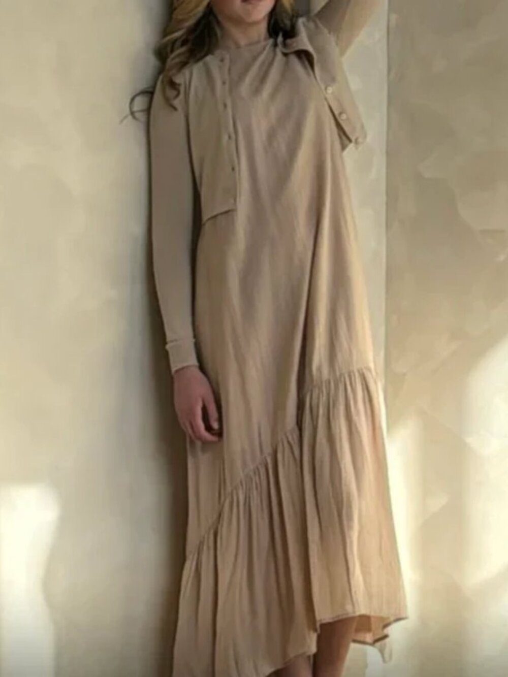 Coco Blanc Asymmetrical Hem Taupe Maxi Dress 18